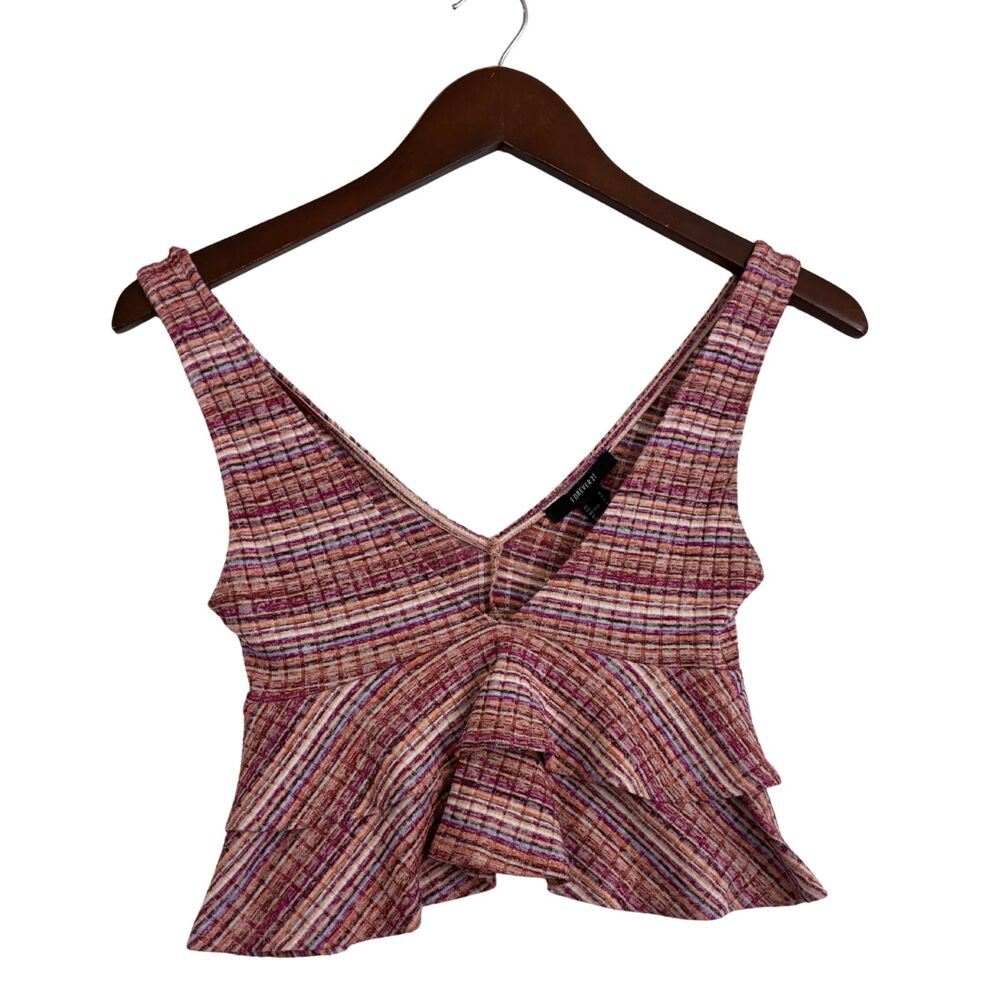 Forever 21 Womens Small Pink Multi Stripe Ruffle Peplum V Neck Crop Tank Top